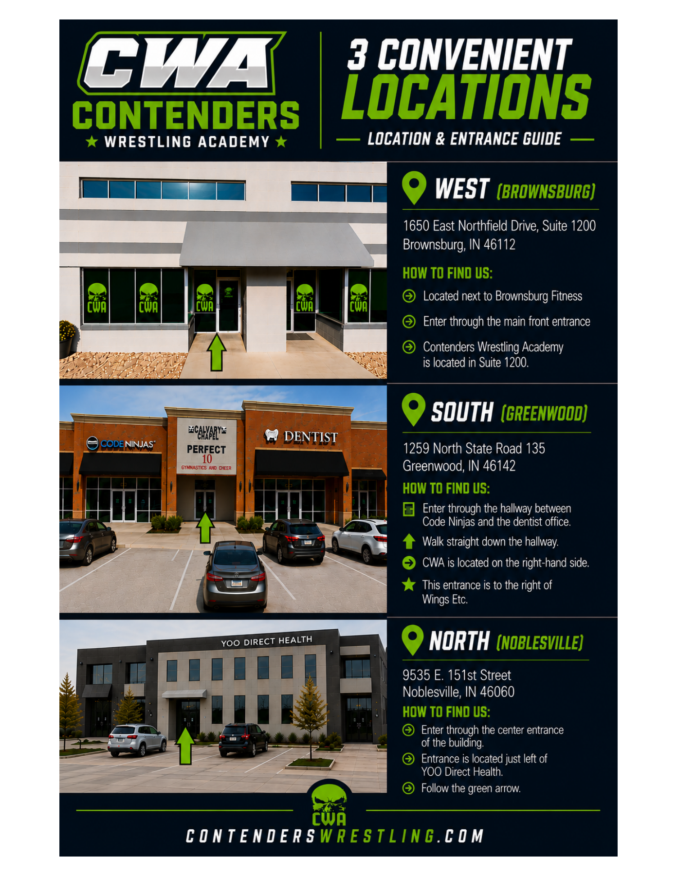 CWA Location and Entrance Guide: West in Brownsburg, South in Greenwood, and North in Noblesville, with building photos, addresses, and entrance directions.